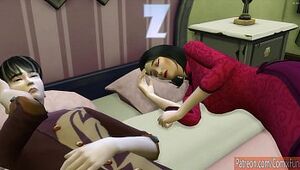 जापानी बेटा सोता है जापानी माँ उसके गाल दर्द के बाद और वह अपनी माँ के बगल में बिस्तर पर एक साथ बिस्