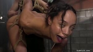 Suspended ebony slut gets fisted